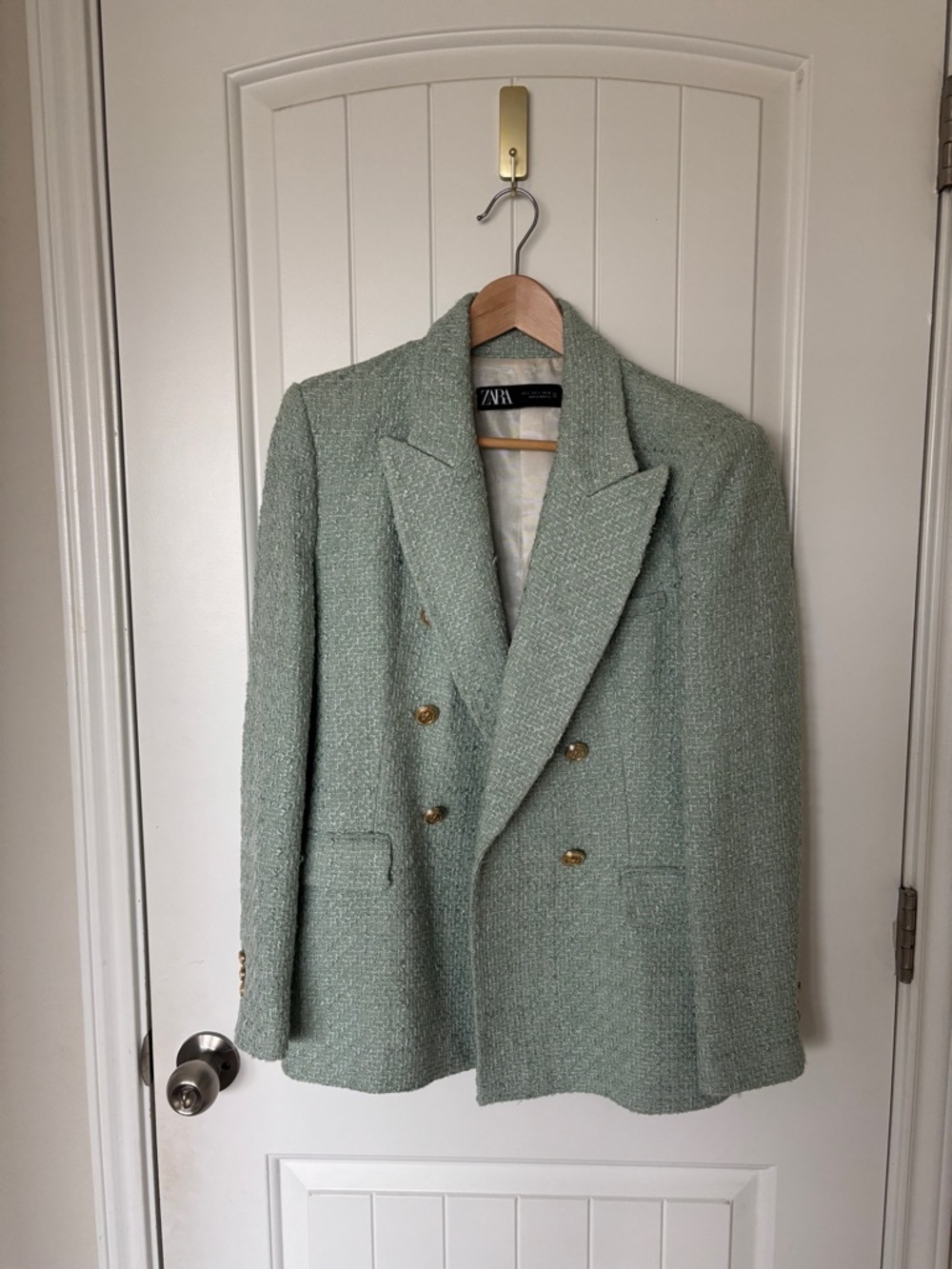 Zara Double-Breasted Mint Green Tweed Sport Coat with Gold Buttons